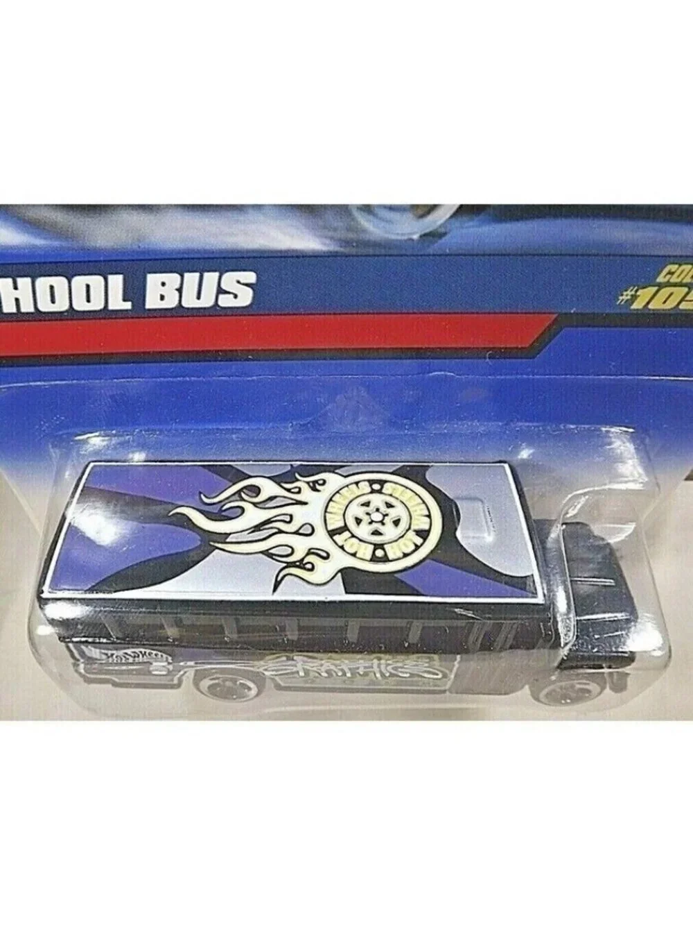 Vintage Die Cast Hot Wheels 1999 SCHOOL BUS #1055 Black Graphics 5 Hole Mattel